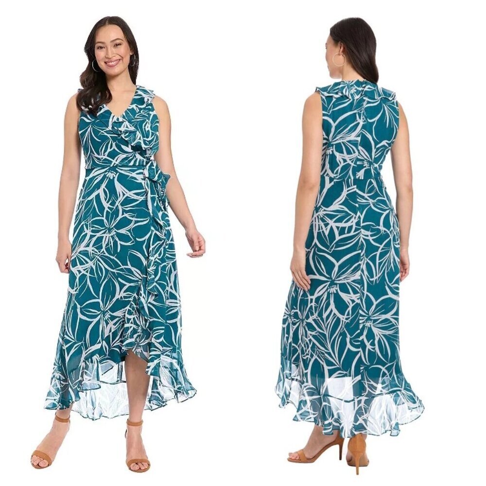 NWT New London Times Ruffled Chiffon Maxi Dress In Teal White Size 12